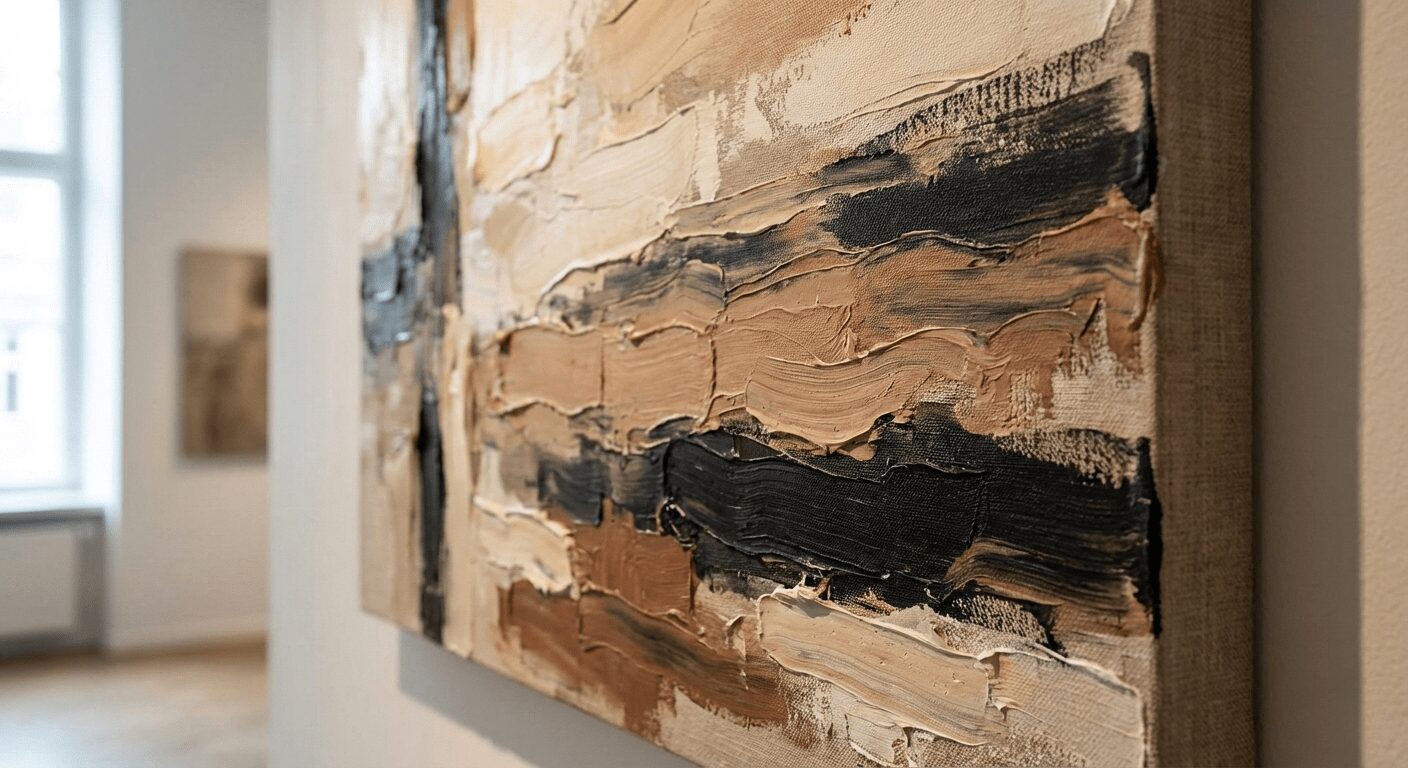 Peinture abstraite texturée aux tons terre, exposée en galerie Lavigne Arts en France